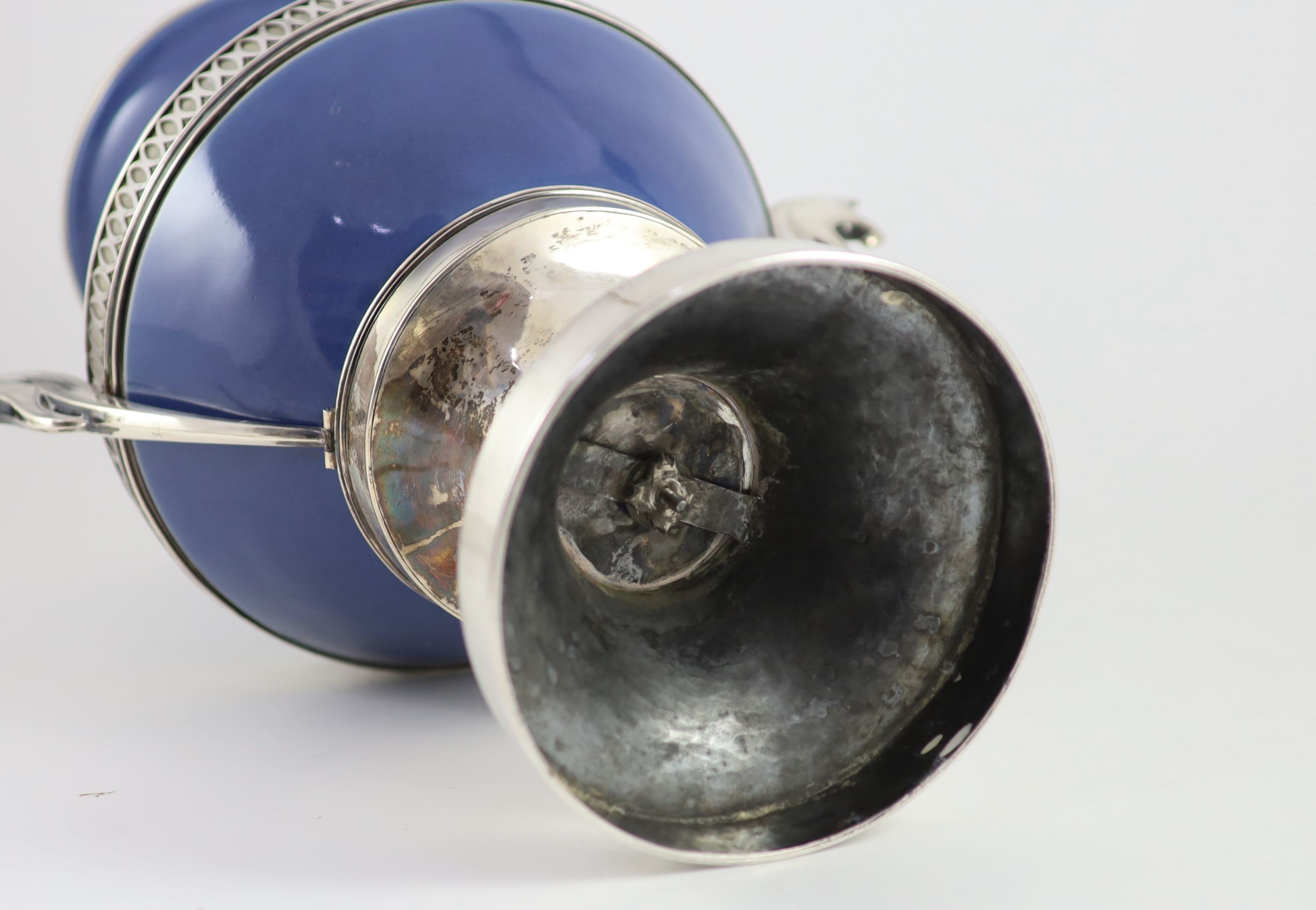 An unusual Chinese silver mounted blue glazed porcelain vase, early 20th century, 43 cm high